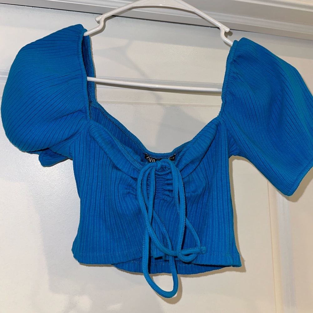 ZARA Bright Blue Puff Sleeve Crop Top